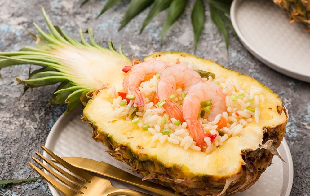 High view exotic food pineapple and shrimps