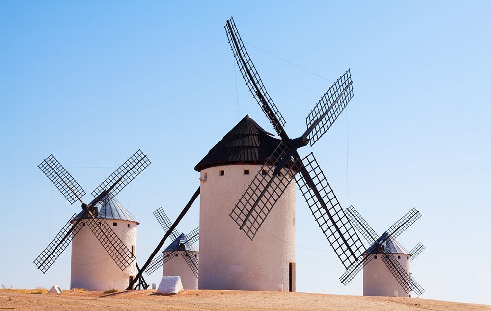 Retro windmills in la mancha region