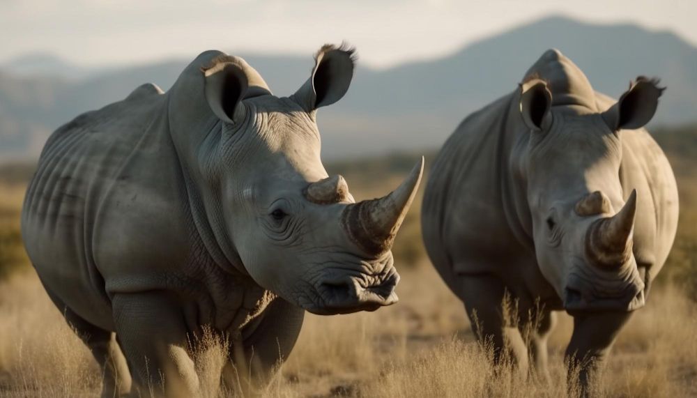 White rhinos graze on the african savannah